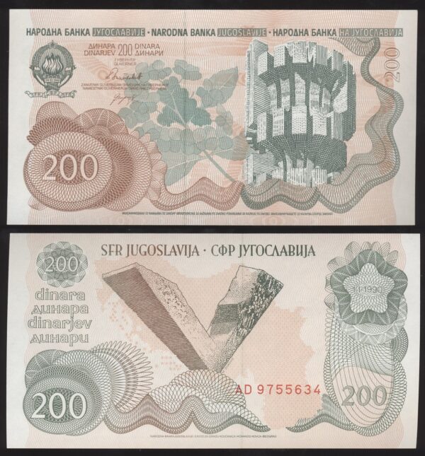 Yugoslavia Jugoslavija 200 Dinara 1990 P#102 UNC