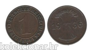 Germany Njemačka Weimar Republic 1 Reichspfennig 1936 A