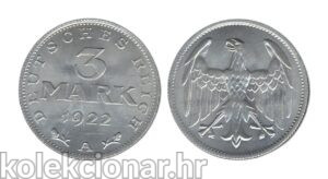 Germany Njemačka Weimar Republic 3 Mark 1922 A